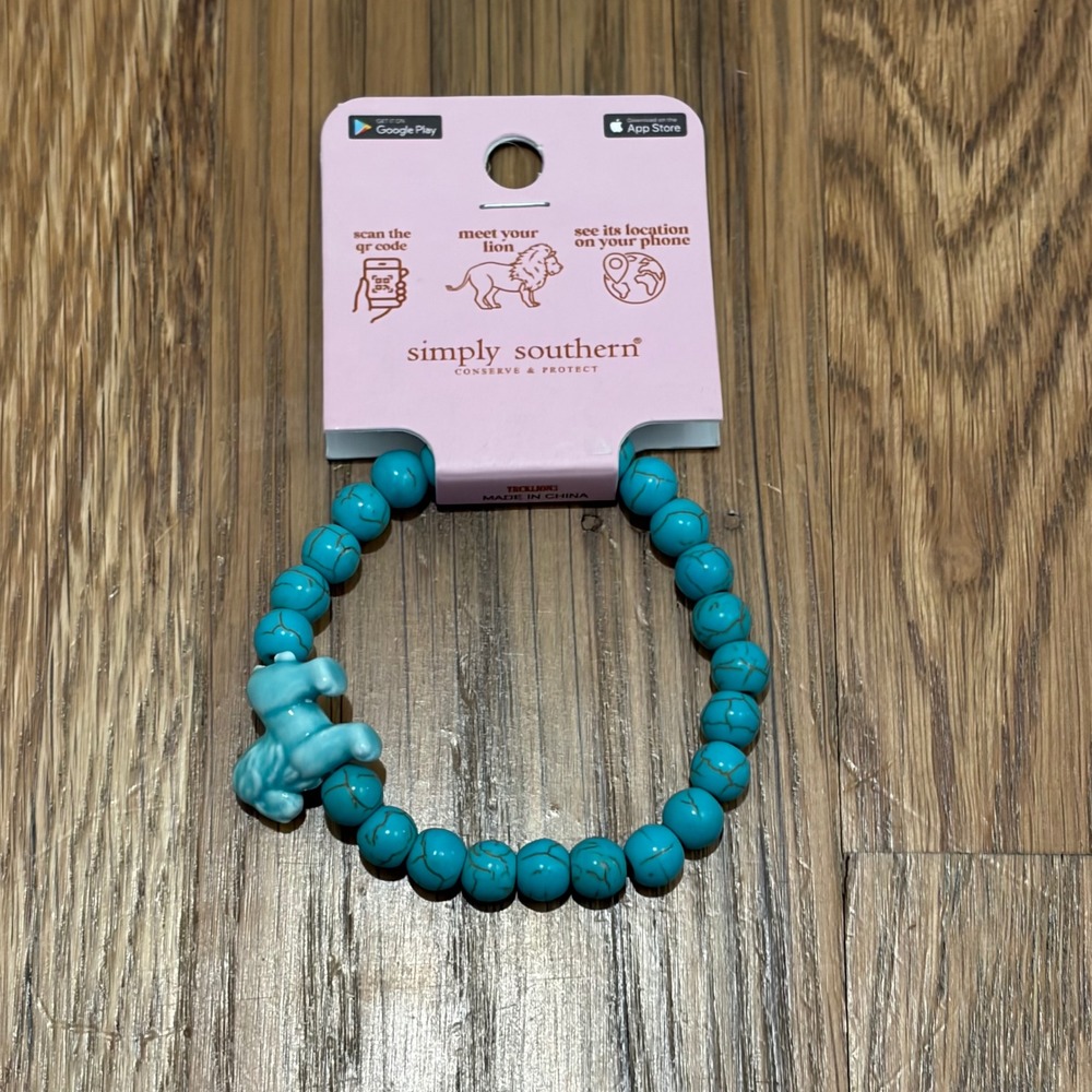 Simply Southern Conserve & Protect Lion Tracking‎ Bracelet Turquoise Blue Beads
